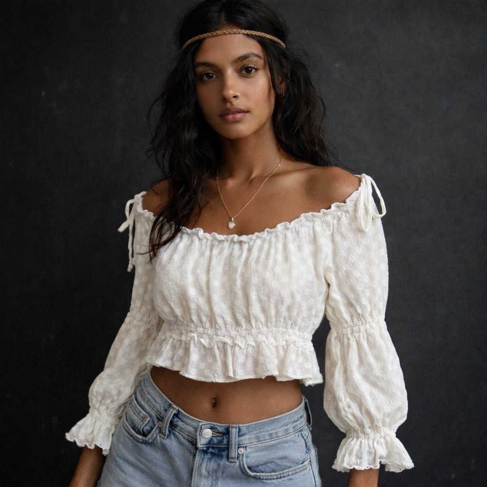 White Embroidered Top Milkmaid Cottagecore Off Shoulder Long Sleeved Ruffle L